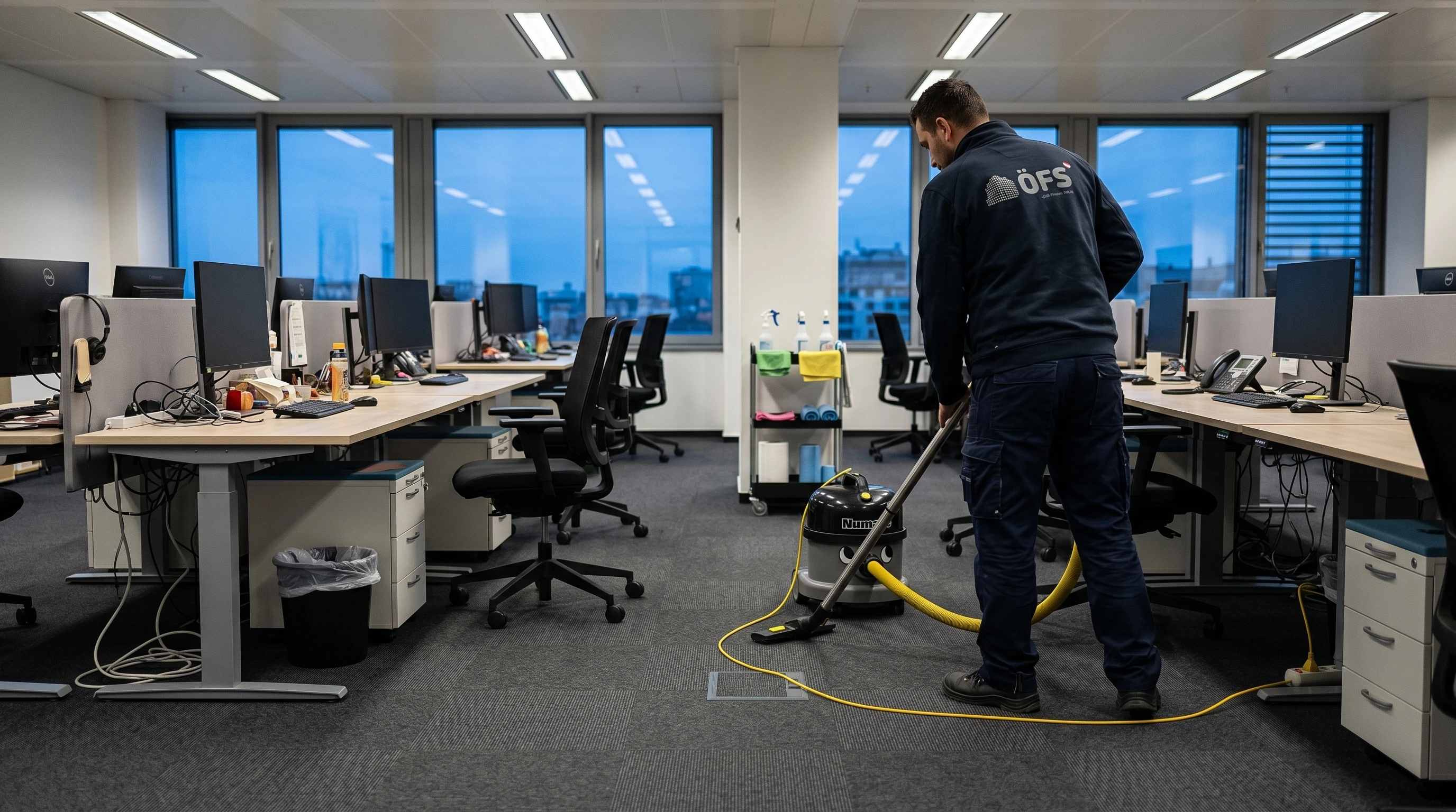 ÖFS Reinigungskraft beim Staubsaugen eines Teppichbodens im Büro nach Arbeitszeit
